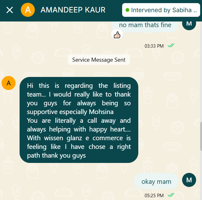 WhatsApp seller feedback from Amandeep Kaur about Responsive listing support
